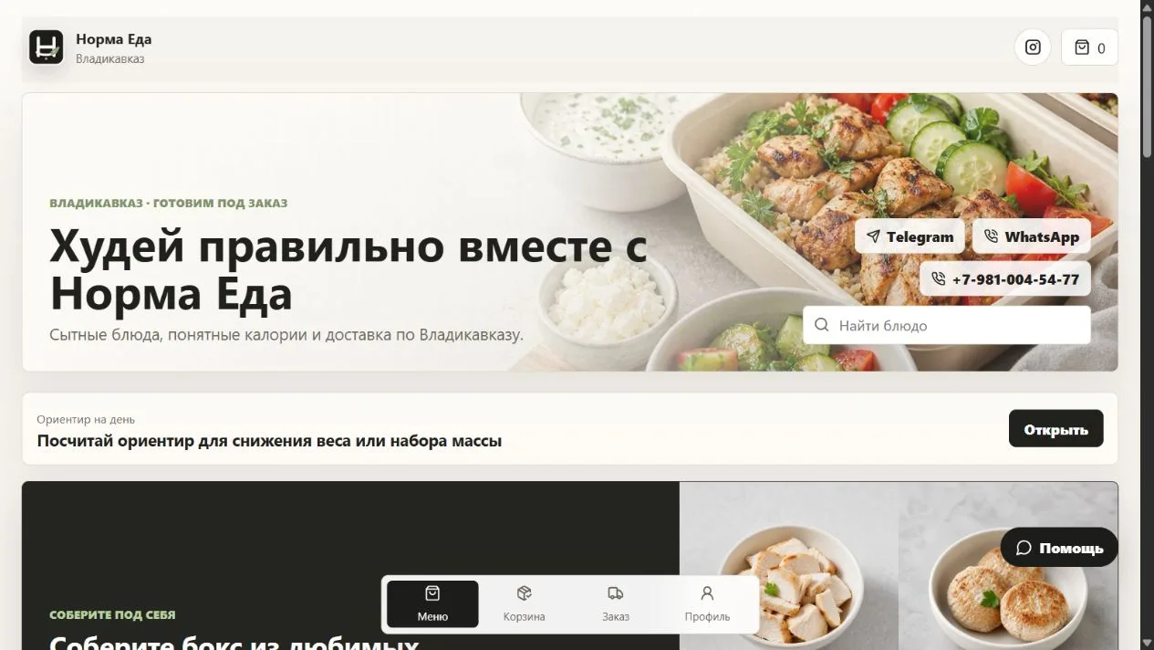 Фактический мобильный интерфейс проекта Норма Еда