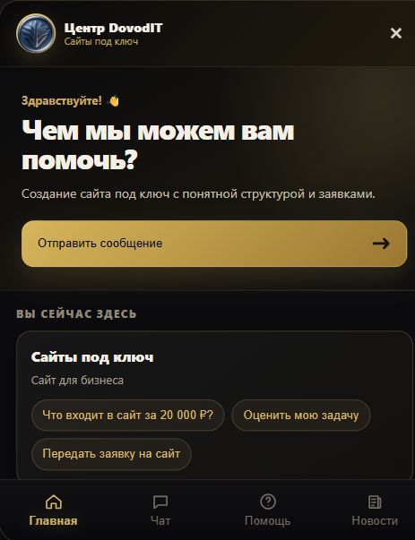 Фактический экран Центра DovodIT с разделами Главная, Чат, Помощь и Новости
