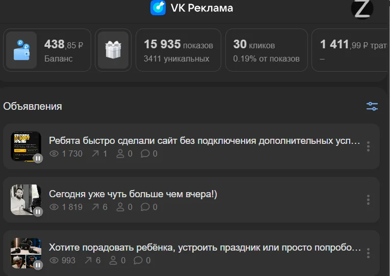 Полный переданный экран кабинета VK Реклама с балансом, показами, уникальным охватом, кликами и расходом