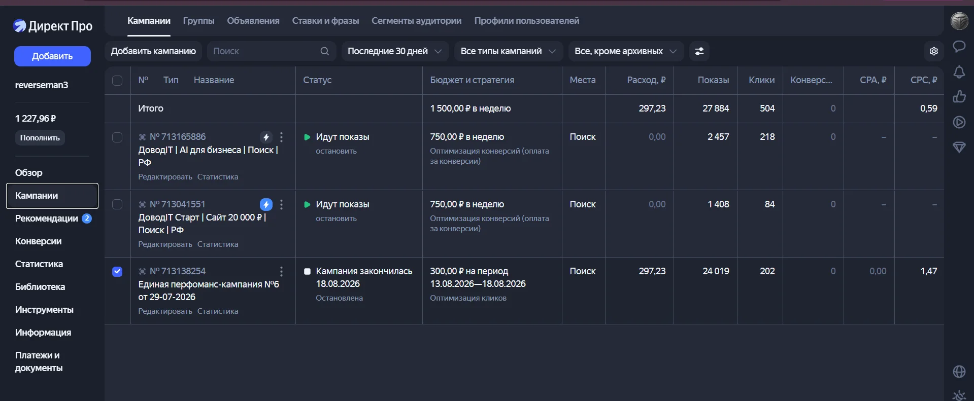 Полный переданный экран кабинета Яндекс Директ с расходом, показами, кликами и ценой клика